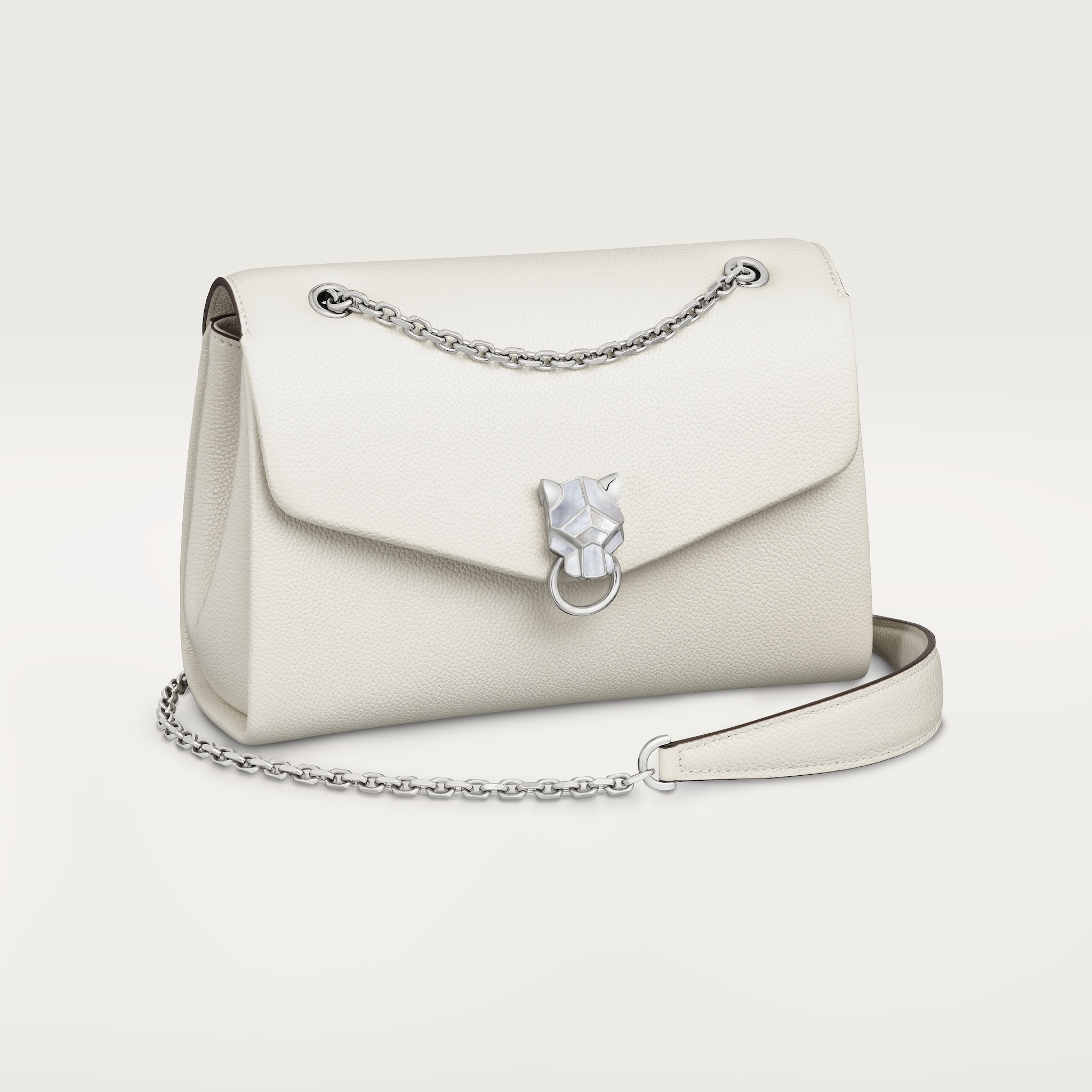 Small model chain bag, Panthère Graphique de CartierSalt white grained calfskin, golden finish