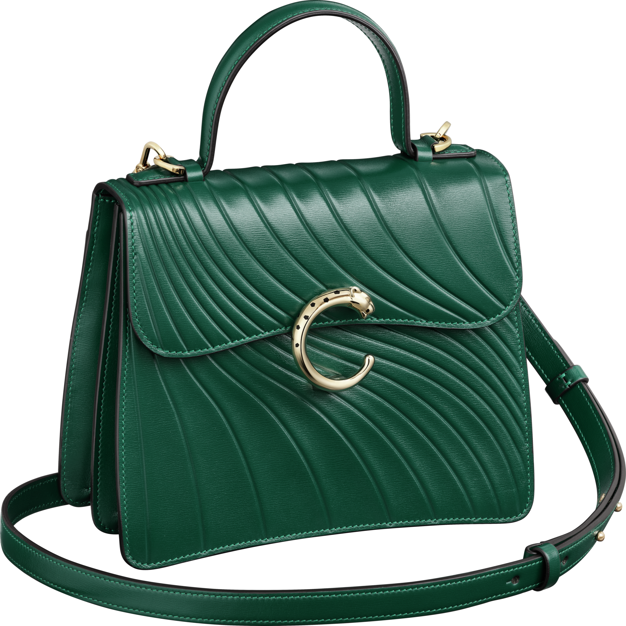 Handle bag small model, Panthère de CartierEmerald green calfskin, embossed Cartier signature motif, golden finish