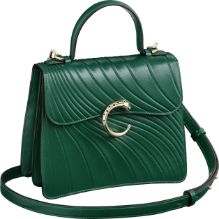 Handle bag small model, Panthère de Cartier Emerald green calfskin, embossed Cartier signature motif, golden finish