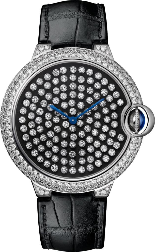 Ballon Bleu de Cartier watch42mm, hand-wound mechanical movement, white gold, diamonds, leather