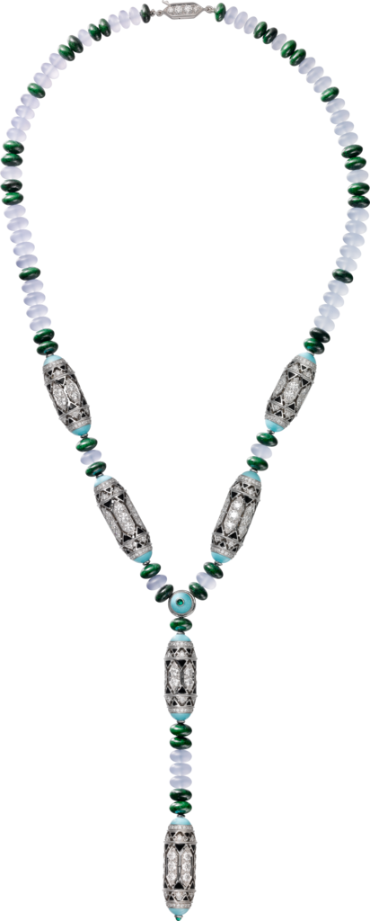 High Jewellery necklaceWhite gold, chalcedony, skarn, turquoise, black lacquer, emerald cabochons, diamonds