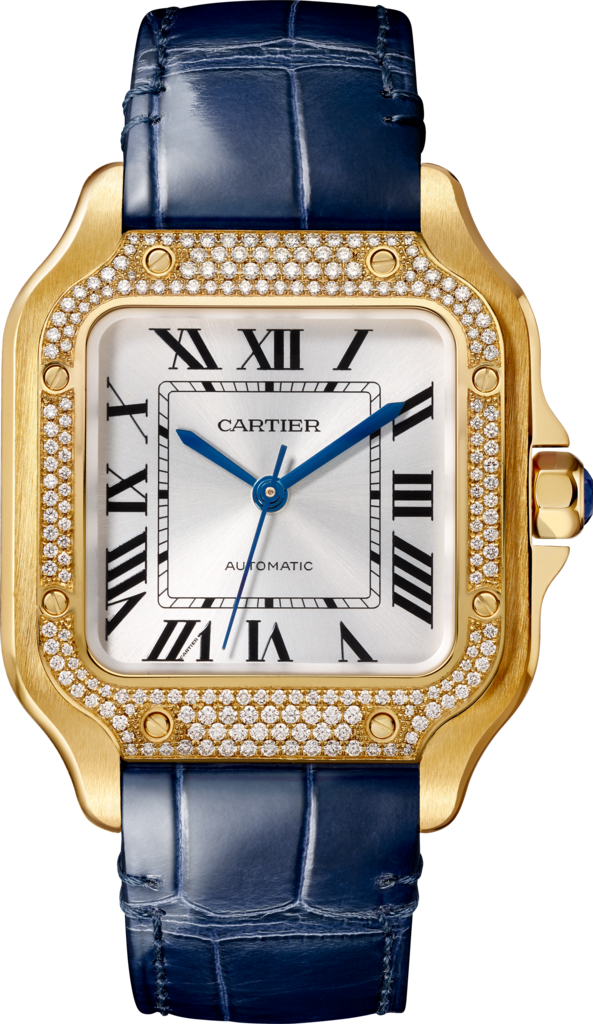 Santos de Cartier watchMedium model, automatic movement, yellow gold, diamonds, 2 interchangeable leather bracelets