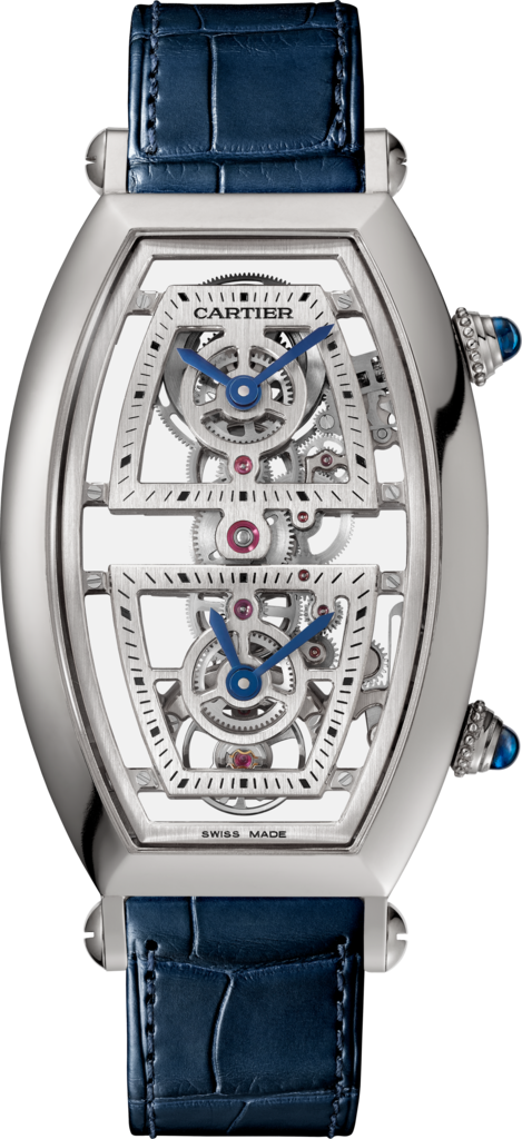 Tonneau watchExtra-large model, hand-wound mechanical movement, platinum, leather