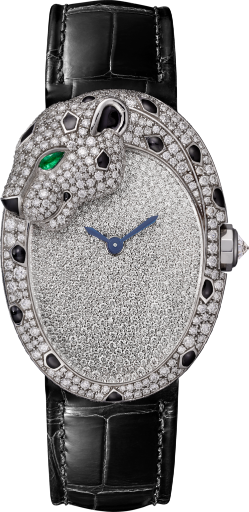 Panthère Jewellery WatchesLarge model, automatic movement, white gold, diamonds, emerald, lacquer