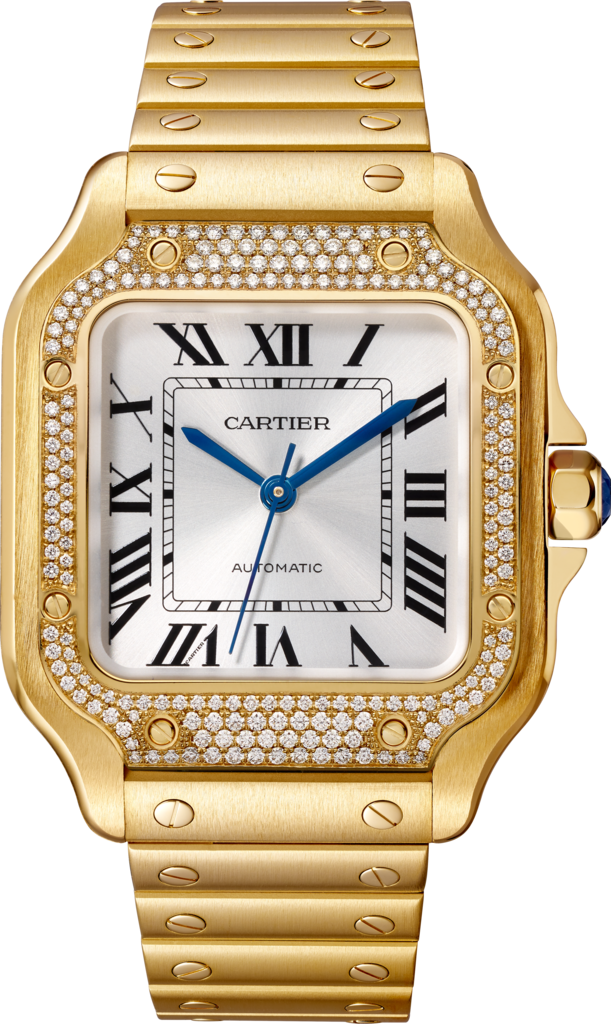 Santos de Cartier watchMedium model, automatic movement, yellow gold, diamonds, interchangeable metal and leather bracelets