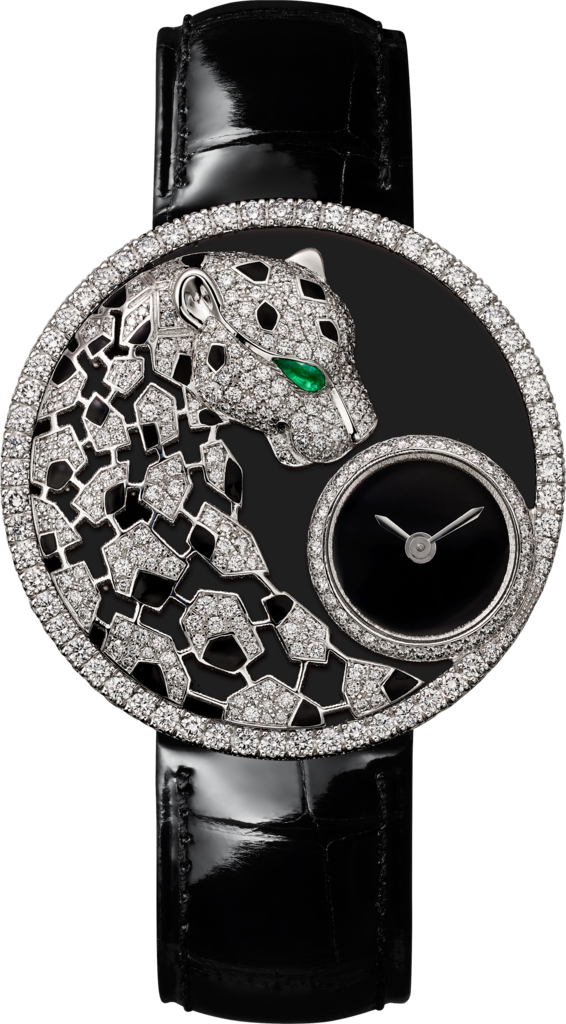 Panthère Jewellery Watches36mm, quartz movement, white gold, diamonds, emerald, lacquer, leather