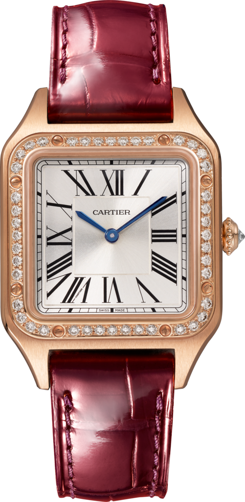 Santos-Dumont watchSmall model, quartz movement, rose gold, diamonds, leather