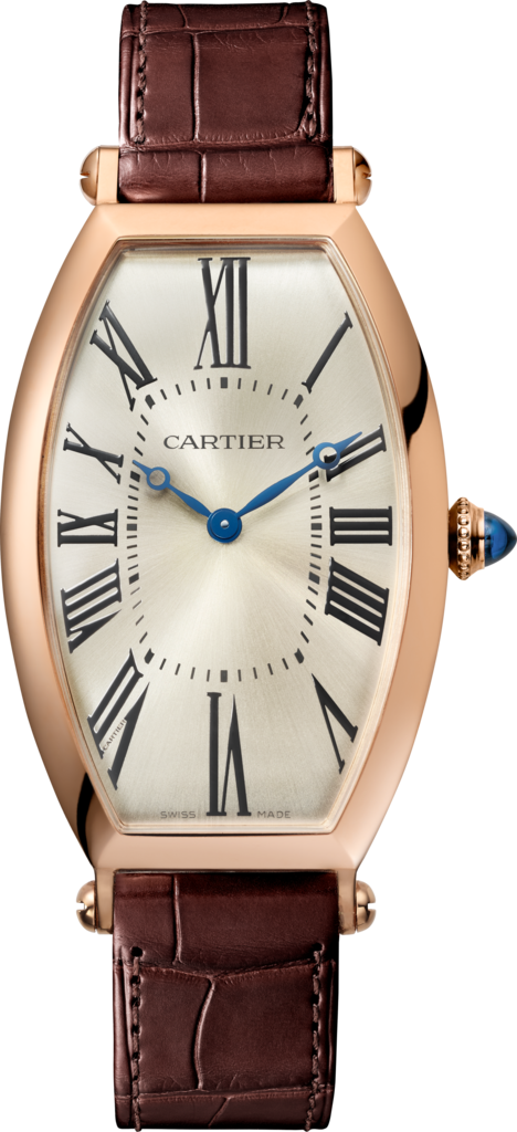 Tonneau watchLarge model, hand-wound mechanical movement, rose gold, leather