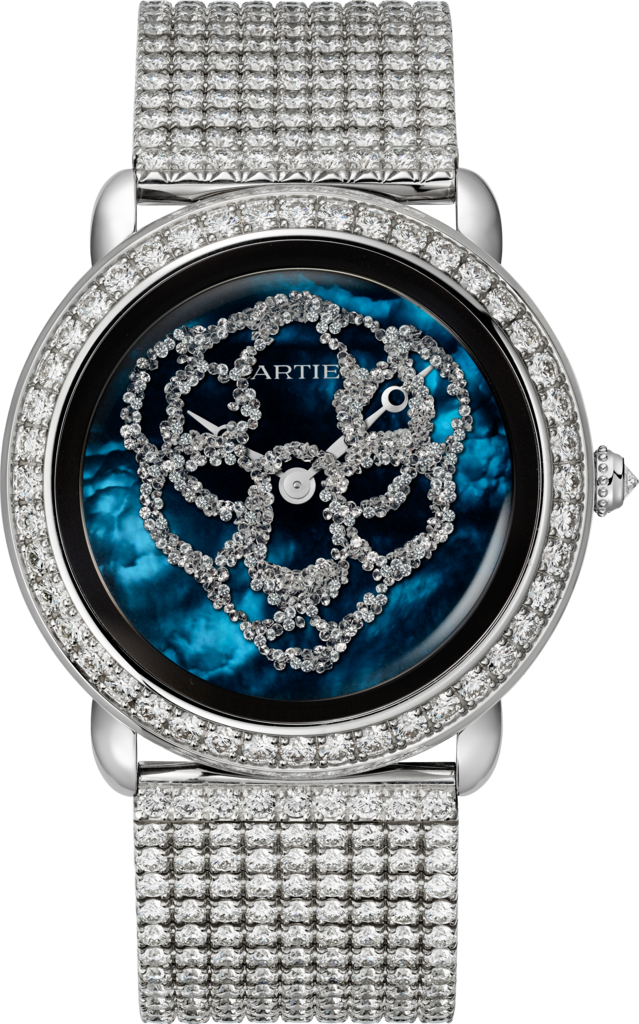 Révélation d'une Panthère watch37mm, hand-wound movement, 18K white gold, diamonds, metal bracelet