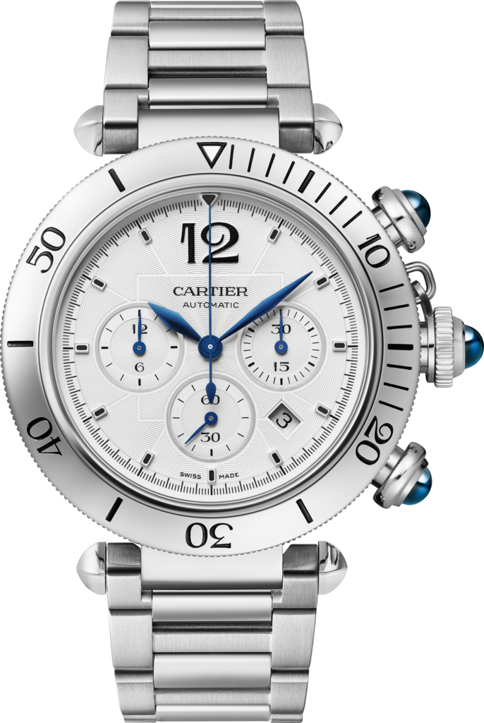 Pasha de Cartier watch41 mm, chronograph, automatic movement, steel, interchangeable metal and leather straps