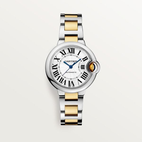Ballon Bleu de Cartier watch 33 mm, mechanical movement with automatic winding, yellow gold, steel
