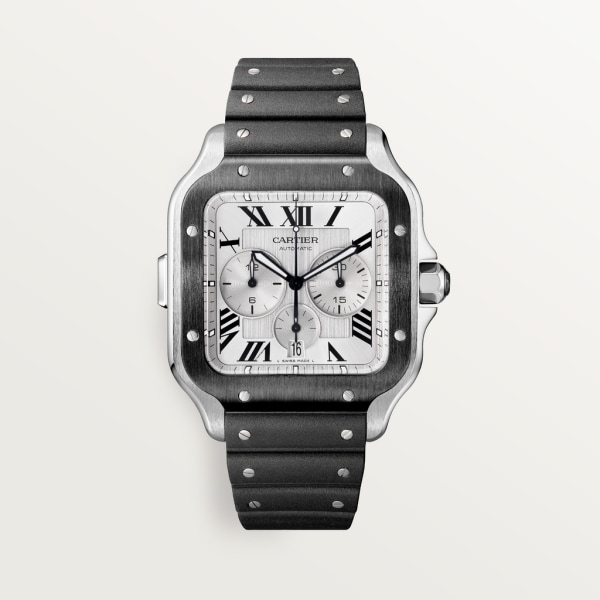 Santos de Cartier Chronograph watch Extra-large model, automatic movement, steel, ADLC, interchangeable rubber and leather bracelets