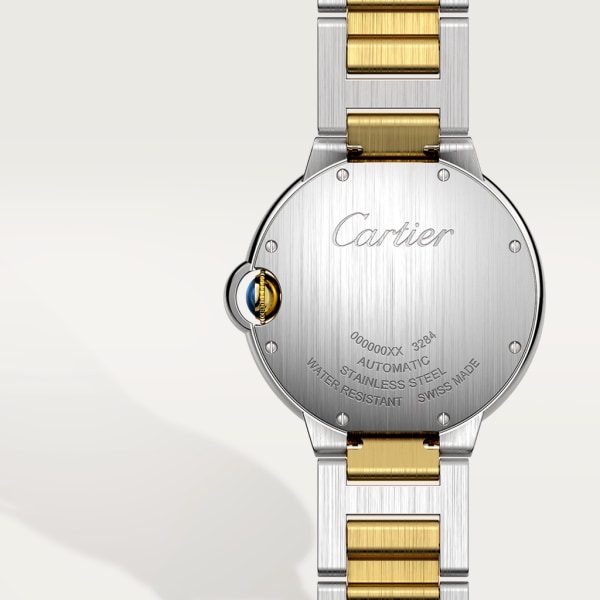 Ballon Bleu de Cartier watch 36 mm, mechanical movement with automatic winding, yellow gold, steel