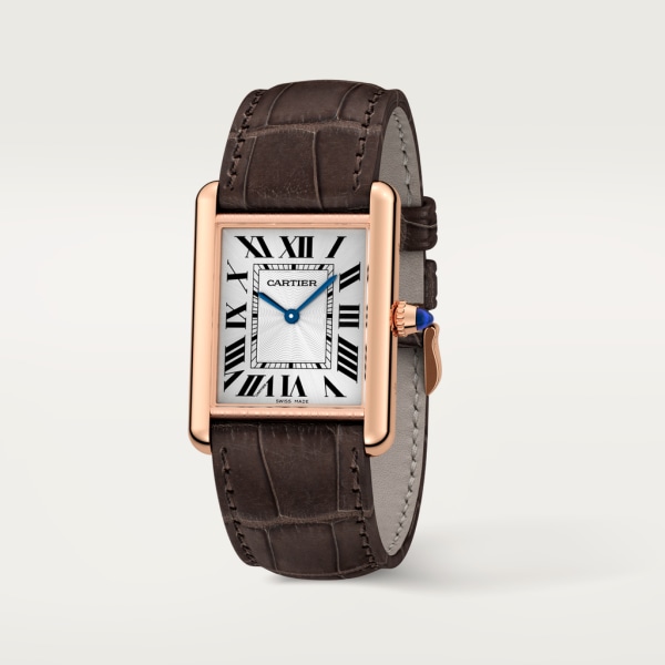 Tank Louis Cartier watch Large model, hand-wound mechanical movement, rose gold, leather