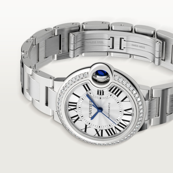 Ballon Bleu de Cartier watch 33 mm, mechanical movement with automatic winding, steel, diamonds