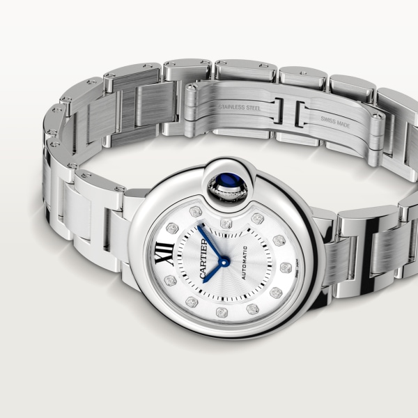 Ballon Bleu de Cartier watch 33 mm, mechanical movement with automatic winding, steel, diamonds