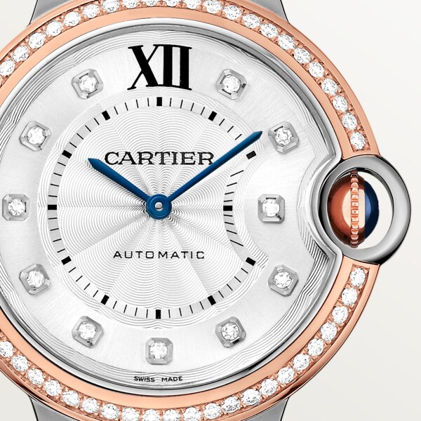 Ballon Bleu de Cartier watch 36 mm, mechanical movement with automatic winding, rose gold, steel, diamonds