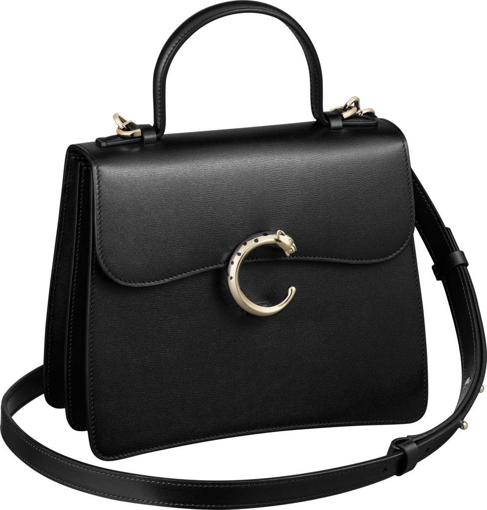 Top handle bag small model, Panthère de CartierBlack calfskin, gold finish