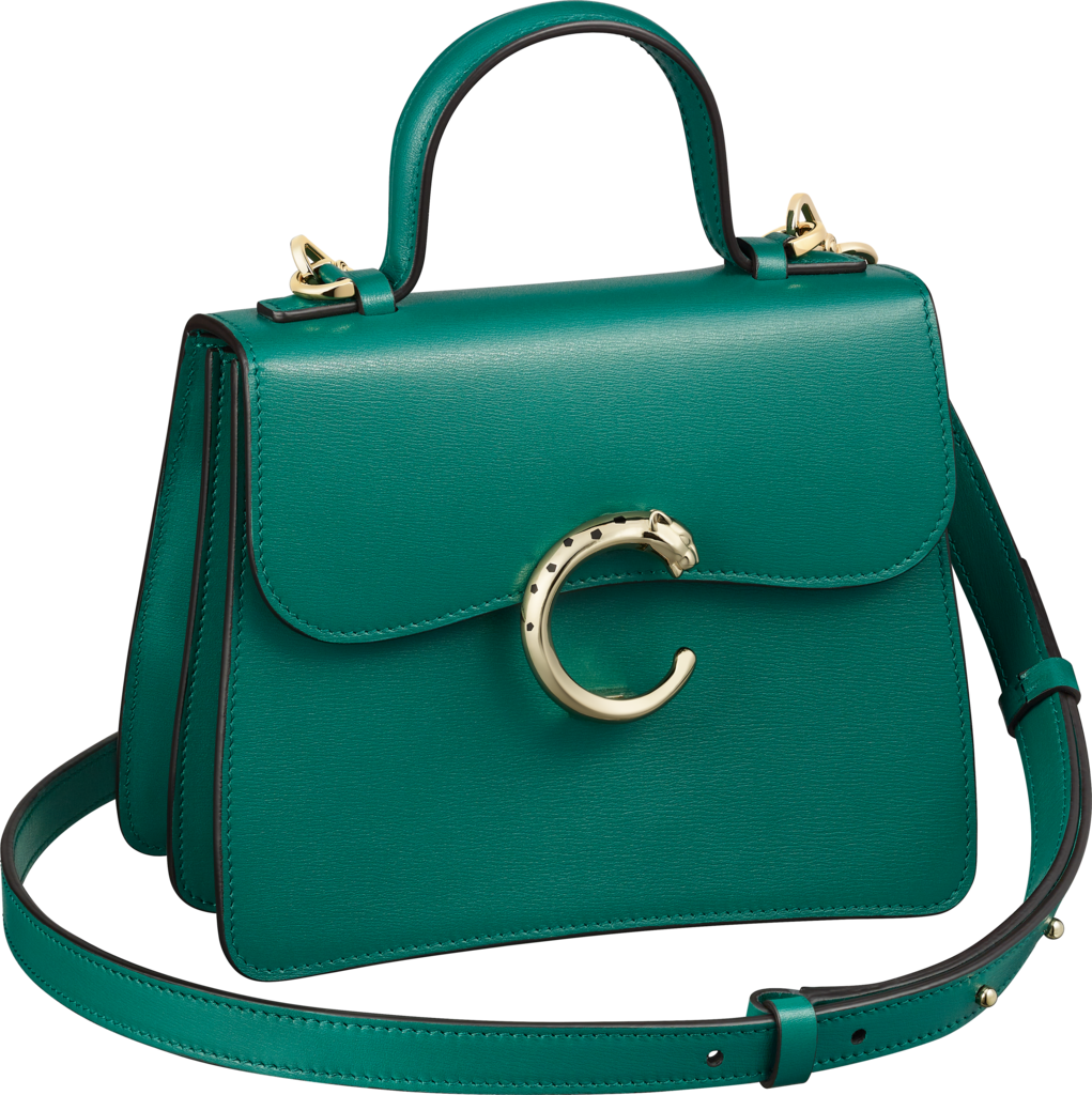 Top handle bag mini model, Panthère de CartierDark green calfskin, golden finish