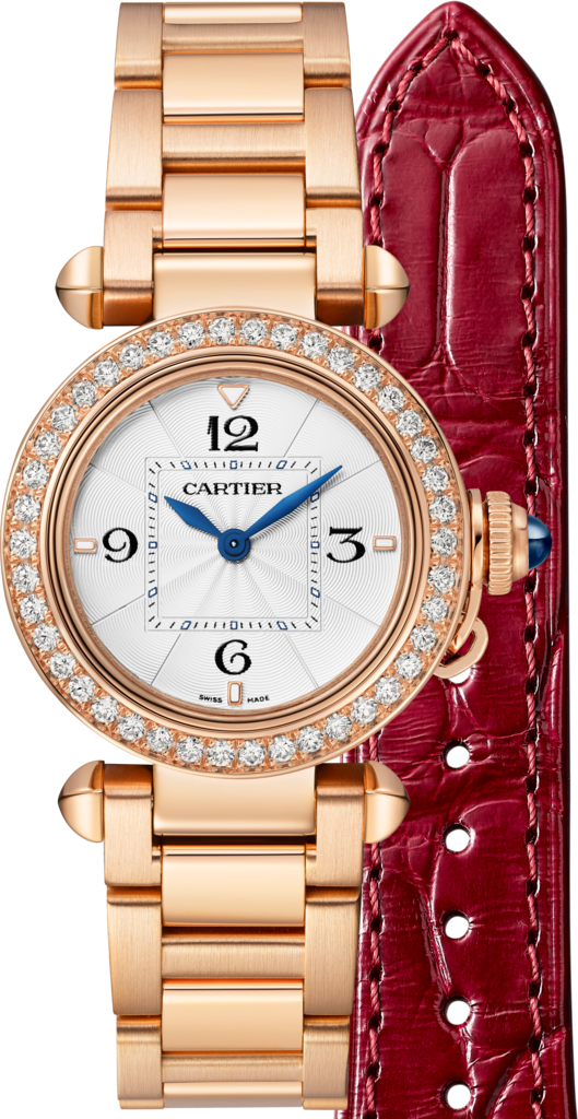 Pasha de Cartier watch 30 mm, quartz movement, rose gold, diamonds, interchangeable metal and leather straps