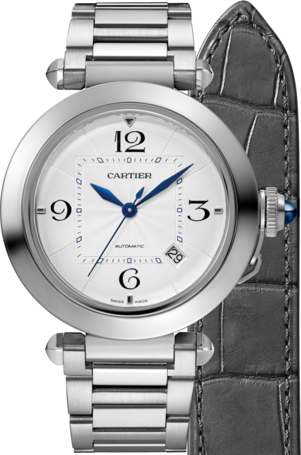 Pasha de Cartier watch 41 mm, automatic movement, steel, interchangeable metal and leather straps