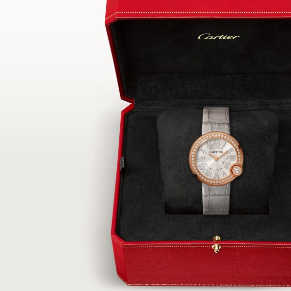 Ballon Blanc de Cartier watch 30mm, quartz movement, rose gold, diamonds, leather