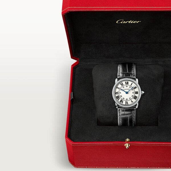Ronde Louis Cartier watch 29mm, quartz movement, white gold, diamonds, leather