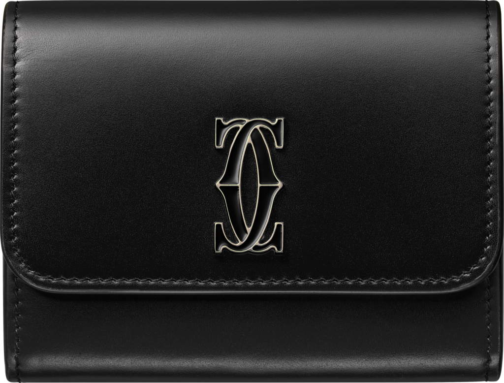 Mini wallet, Double C de CartierBlack calfskin, gold and black enamel finish