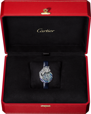 Panthère Jewellery Watches 28.4 mm, rhodium-finish white gold, diamonds, leather