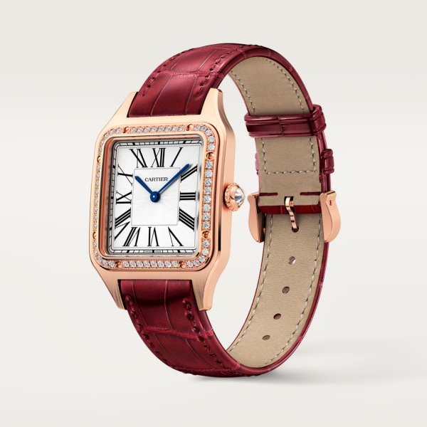 Santos-Dumont watch Large model, quartz movement, rose gold, diamonds, leather