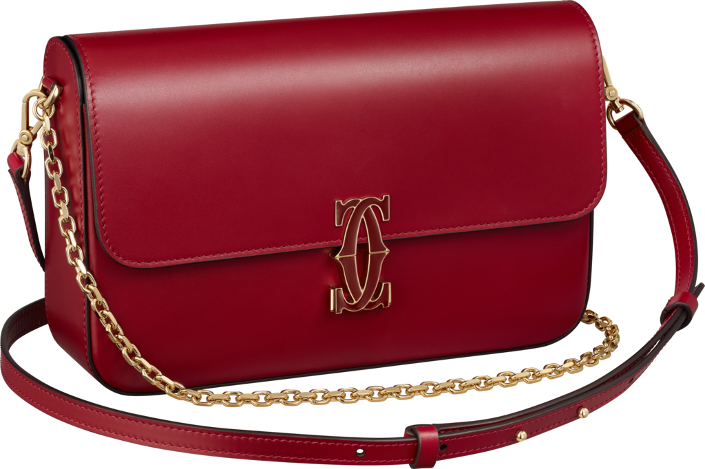 Chain bag small model, Double C de CartierCherry red calfskin, gold and cherry red enamel finish