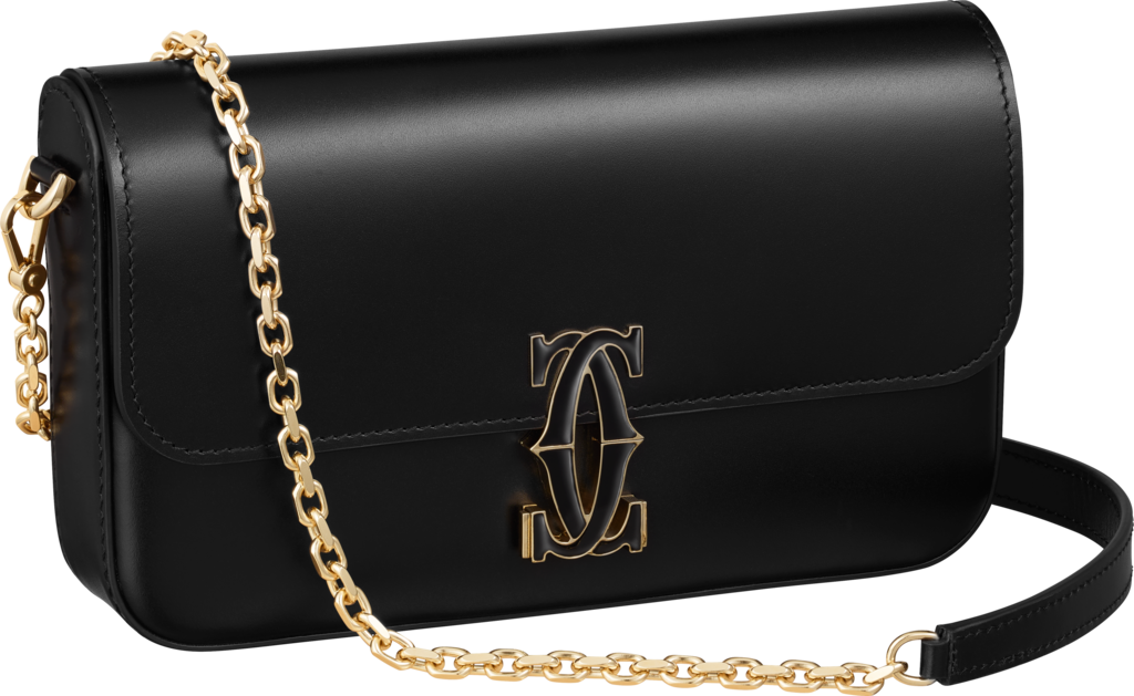 Mini model chain bag, Double C de CartierBlack calfskin, gold and black enamel finish