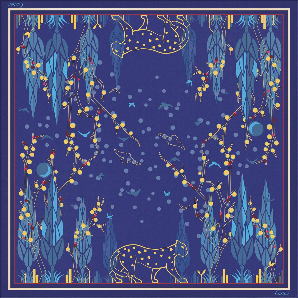 Panther Garden motif square 90Dark blue silk twill
