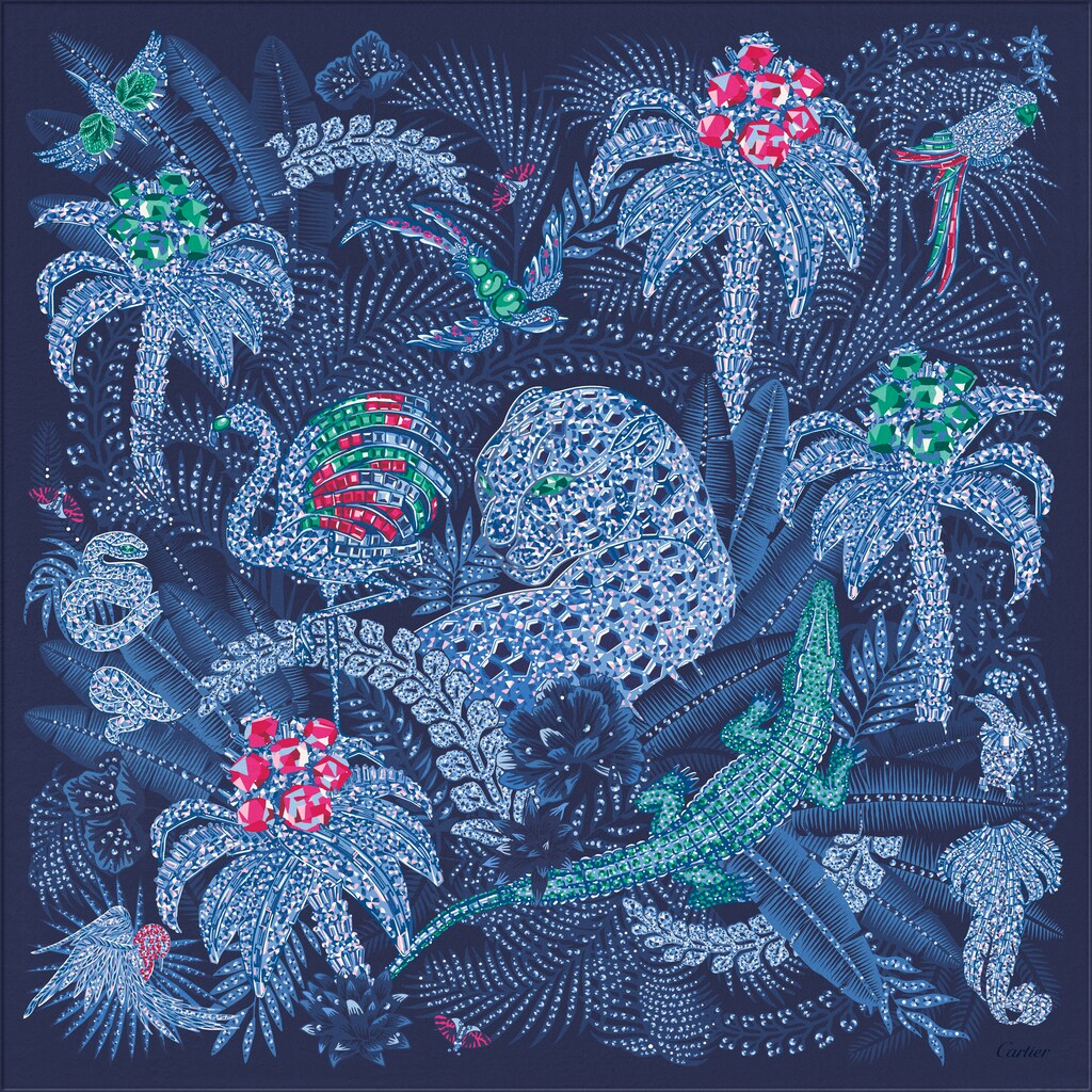 Panther Jungle motif square 90Dark blue silk twill