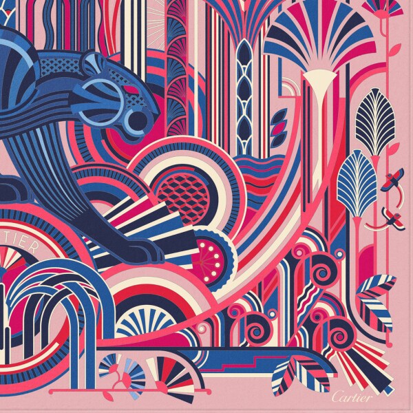 Panthère Art Déco motif square 90 Light pink and blue silk twill