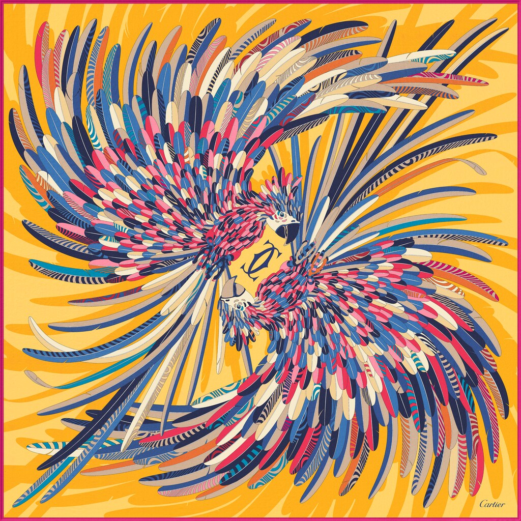 Parrot motif square 90Yellow silk twill