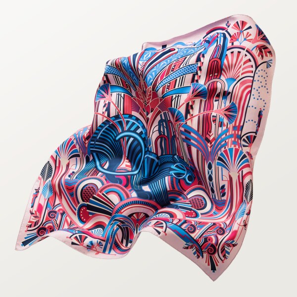 Panthère Art Déco motif square 90 Light pink and blue silk twill