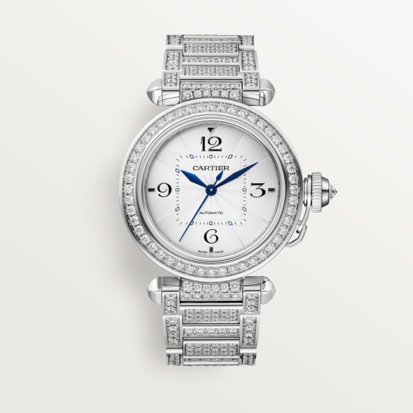 Pasha de Cartier watch 35mm, automatic movement, white gold, diamonds