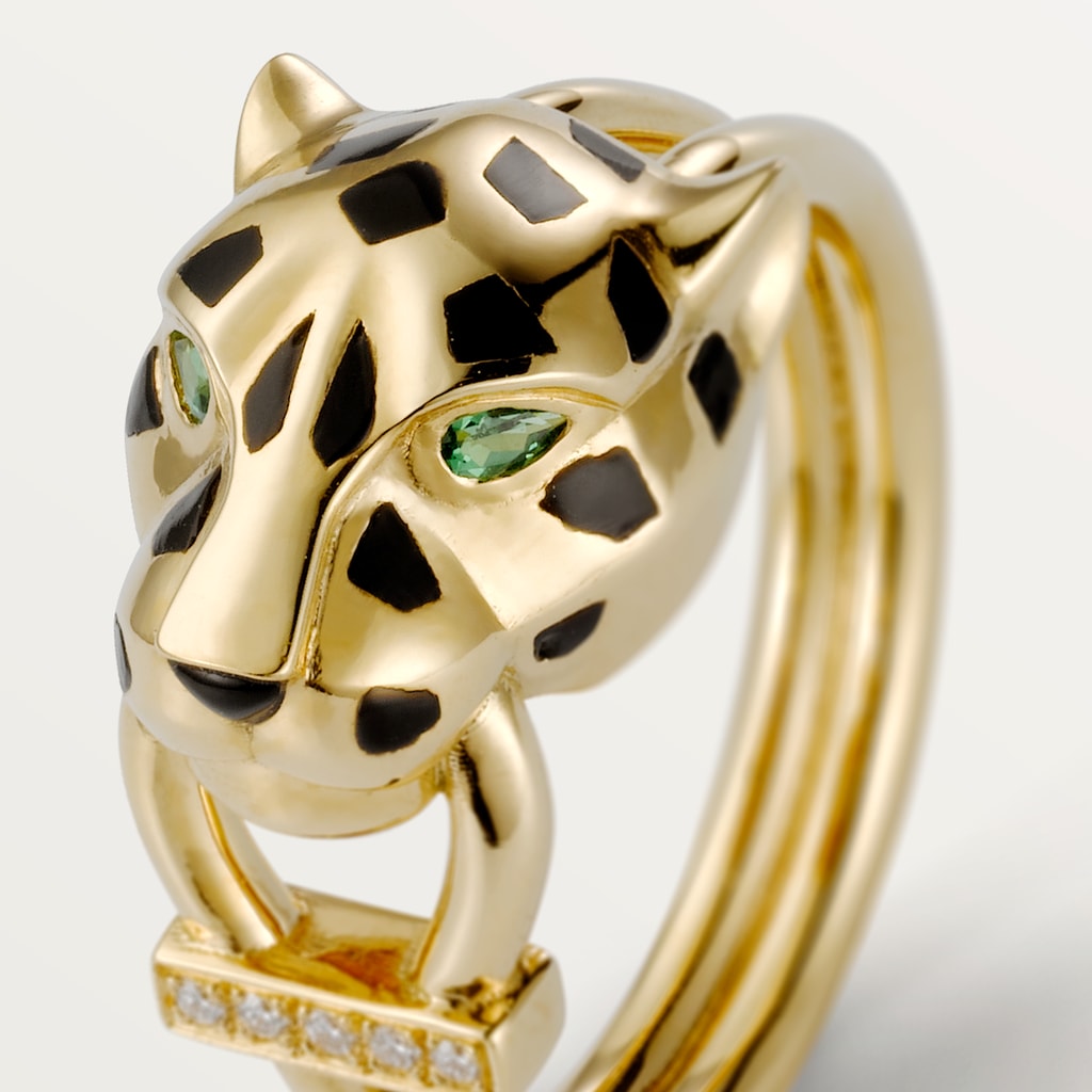 Panthère de Cartier ring, diamondsYellow gold, lacquer, diamonds, tsavorite garnet