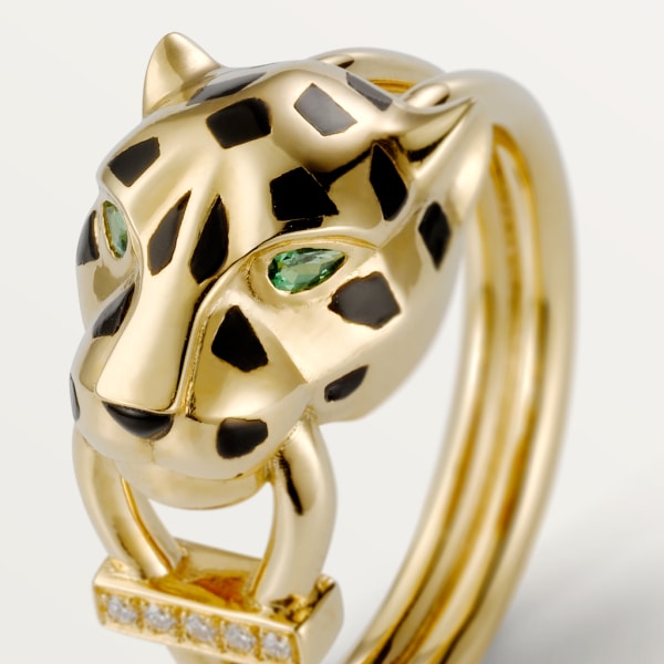 Panthère de Cartier ring, diamonds Yellow gold, lacquer, diamonds, tsavorite garnet