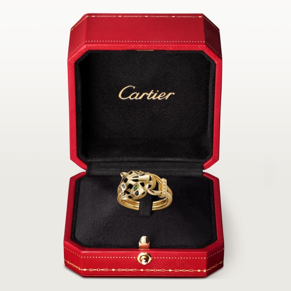 Panthère de Cartier ring, diamonds Yellow gold, lacquer, diamonds, tsavorite garnet