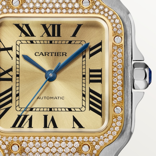 Santos de Cartier watch Medium model, automatic movement, 18K yellow gold, steel, diamonds, interchangeable metal and leather bracelets