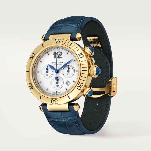 Pasha de Cartier watch 41 mm, chronograph, automatic movement, 18K yellow gold, interchangeable leather straps
