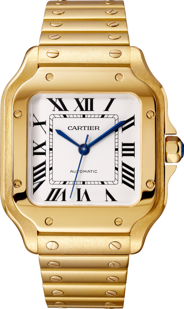 Santos de Cartier watchMedium model, automatic movement, yellow gold, interchangeable metal and leather bracelets