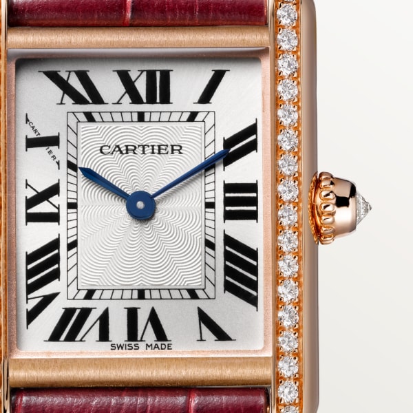 Tank Louis Cartier watch Small model, hand-wound mechanical movement, rose gold, diamonds, leather