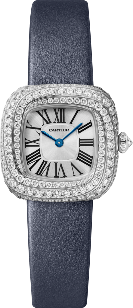 Coussin de Cartier watchSmall model, quartz movement, rhodium-finish white gold, diamonds, leather
