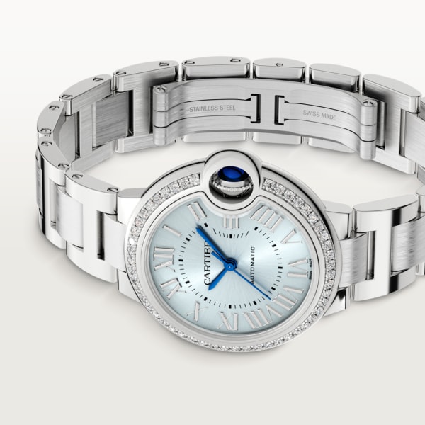 Ballon Bleu de Cartier watch 33 mm, automatic movement, steel, diamonds