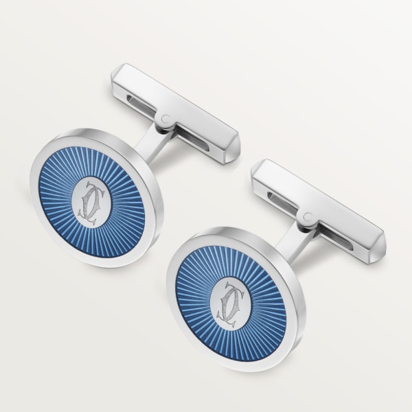 Double C de Cartier cufflinks with blue lacquer Sunray motif Sterling silver , palladium finish, translucent blue lacquer.