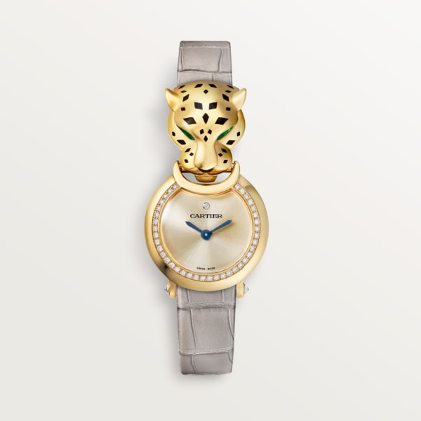 La Panthère de Cartier watch Small model, quartz movement, yellow gold, diamonds, tsavorites, lacquer, leather