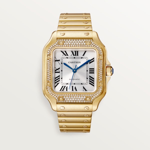 Santos de Cartier watch Medium model, automatic movement, yellow gold, diamonds, interchangeable metal and leather bracelets